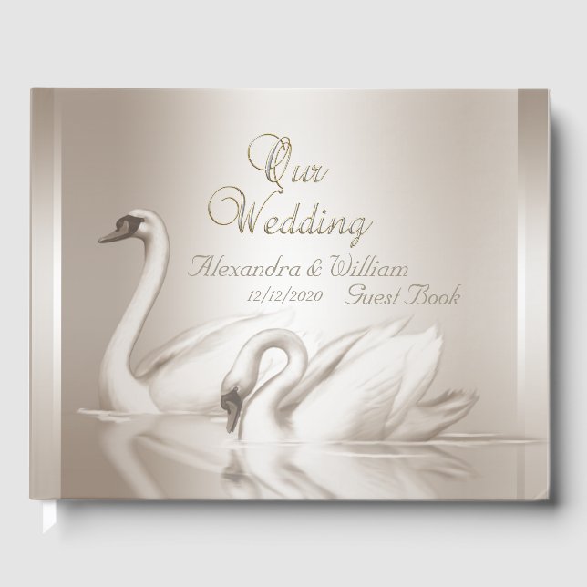 Libro de Invitados Cisnes Damask Crema Blanco Boda (Anverso)