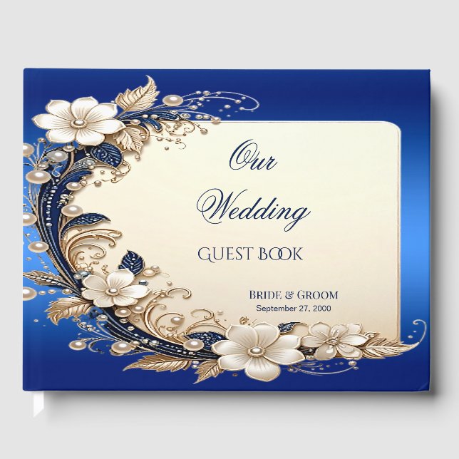 Libro de invitados con adorno floral blanco azul (Anverso)