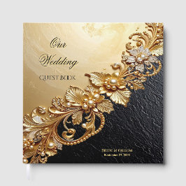 Libro de invitados con adornos florales dorados