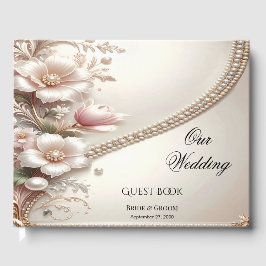 Libro de invitados con adornos florales y perlas