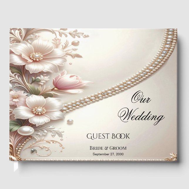 Libro de invitados con adornos florales y perlas (Anverso)