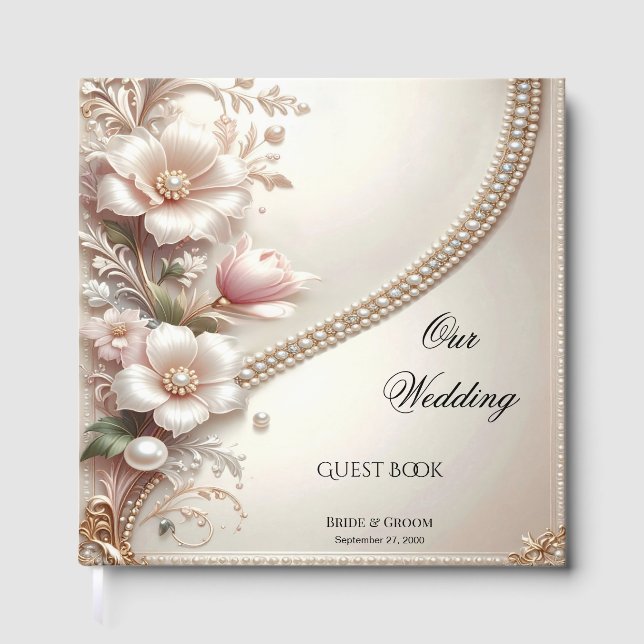 Libro de invitados con adornos florales y perlas (Anverso)