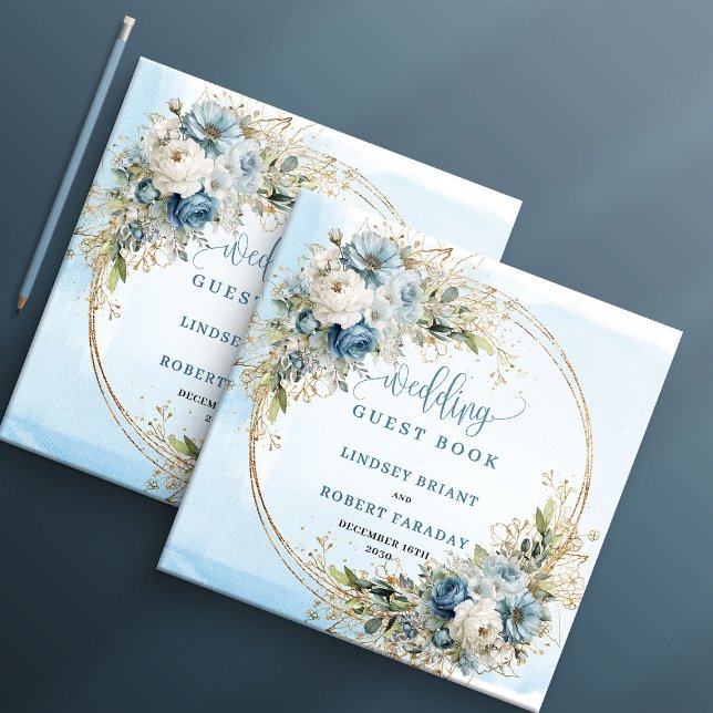 Libro de invitados con flores azules bohemios y br (Bohemian Blue Floral Gold Glitter Guest Book)