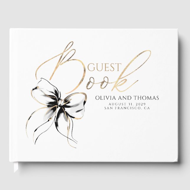 Libro de invitados con guión dorado y lazo negro (Anverso)