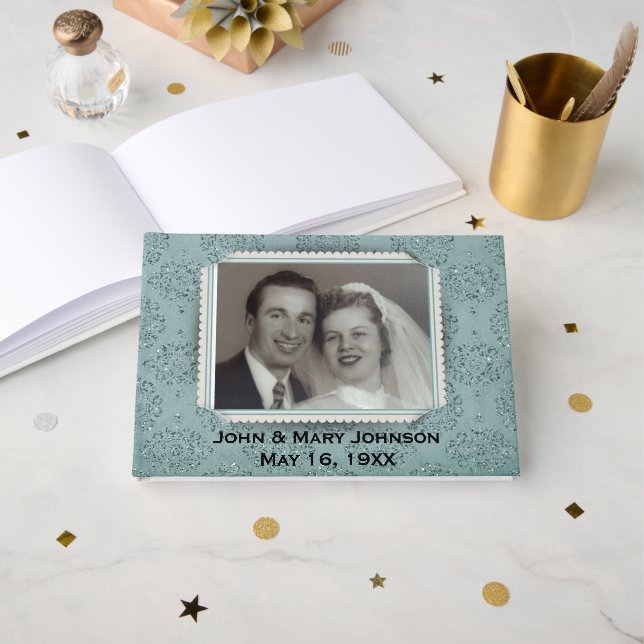 Libro de invitados con marco de foto y damasco de  (Anverso Abierto)