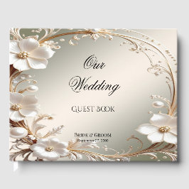Libro de invitados con marco floral blanco ornamen