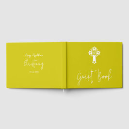 Libro de Invitados Cruz Floral Bautizo Amarillo