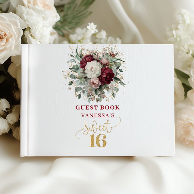 Libro de invitados Cumpleaños Dulces 16 Borgoña Ru (Greenery Blush Burgundy Sweet 16 Guest Book)