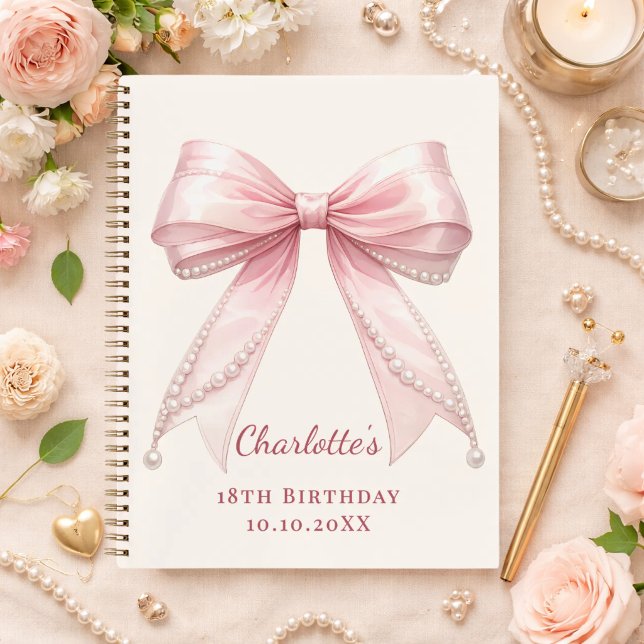 Libro de invitados Cumpleaños lazo rosa perlas mar (Subido por el creador)