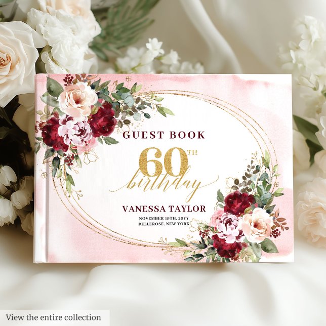 Libro de invitados de 60 años Boho Blush Burgundy  (Boho Blush Burgundy Gold Roses 60th Guest Book)