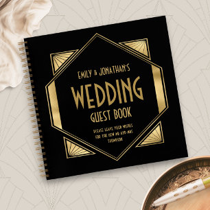 Libro de invitados de Art Deco Frame Gold Black Bo