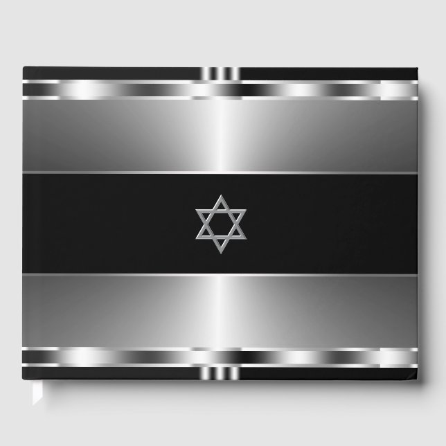Libro de Invitados de Bar Mitzvah Negro y Plateado (Anverso)