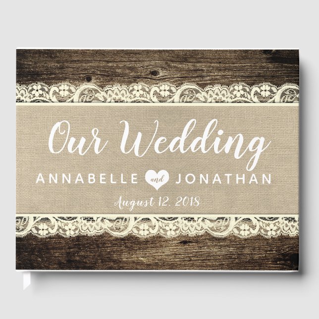 Libro de invitados de Barn Wood Burlap Lace Rustic (Anverso)