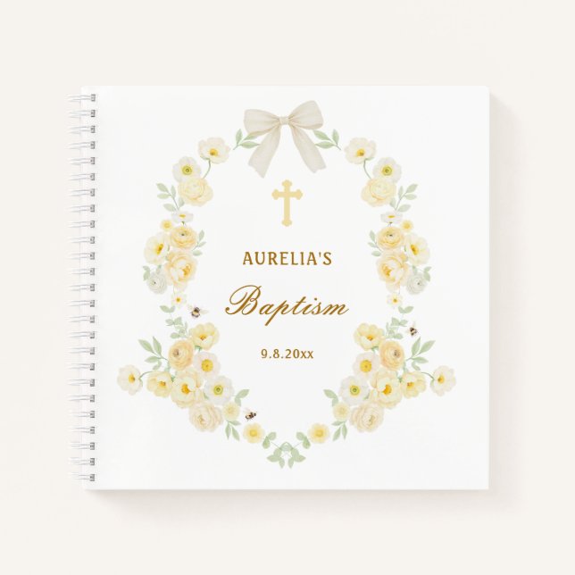 Libro de invitados de Bautizo con flores amarillas (Anverso)