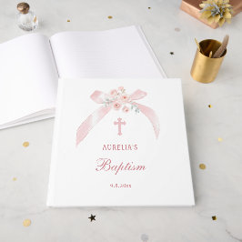 Libro de invitados de bautizo con lazo floral rosa