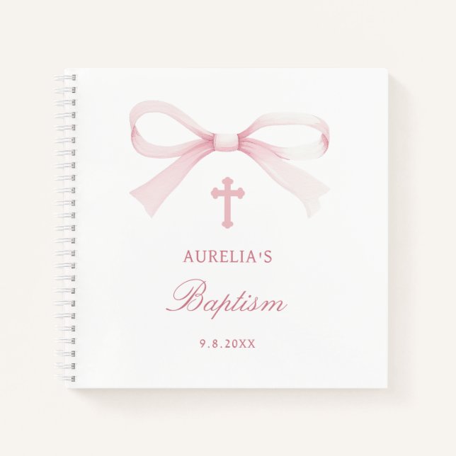 Libro de invitados de bautizo con lazo rosa acuare (Anverso)