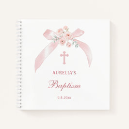 Libro de invitados de bautizo con lazo rosa floral