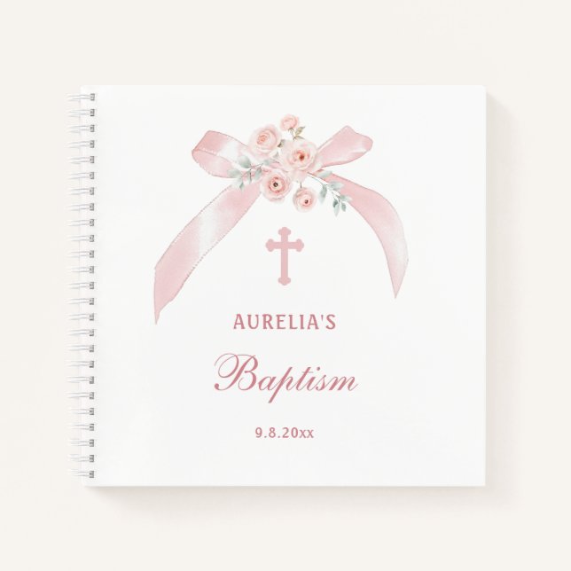 Libro de invitados de bautizo con lazo rosa floral (Anverso)