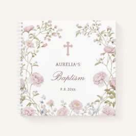 Libro de invitados de bautizo con marco floral ros