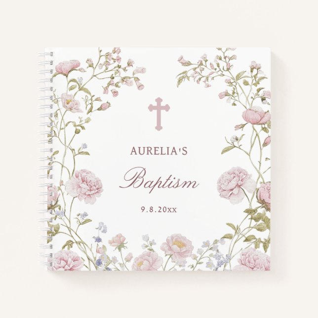 Libro de invitados de bautizo con marco floral ros (Anverso)