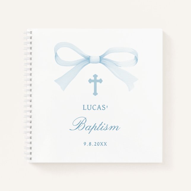 Libro de invitados de bautizo de lazo azul acuarel (Anverso)