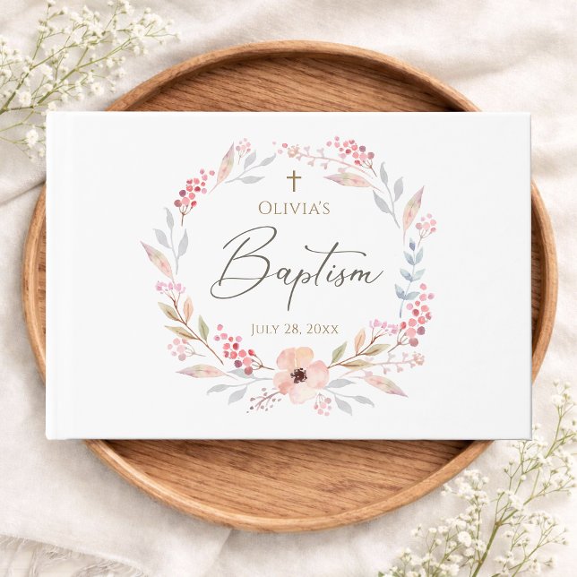 Libro de invitados de bautizo de niña en rosa sonr (Blush Pink Floral Girl Baptism Guest Book)