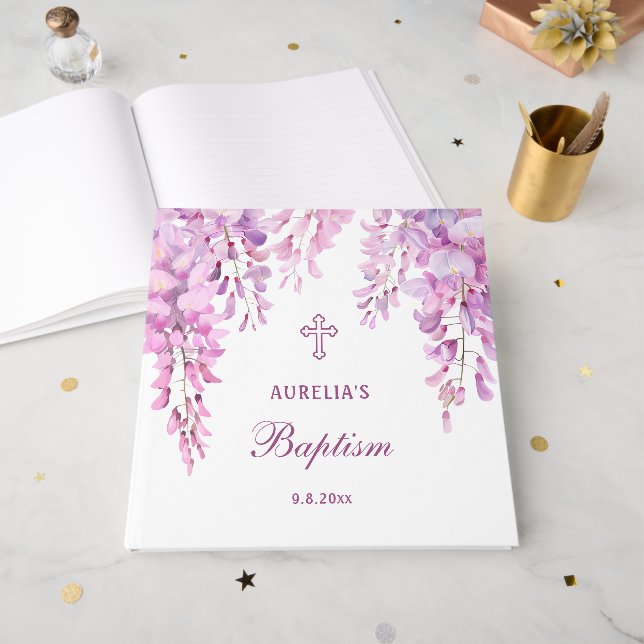 Libro de invitados de bautizo de Wisteria rosa ele (Anverso Abierto)