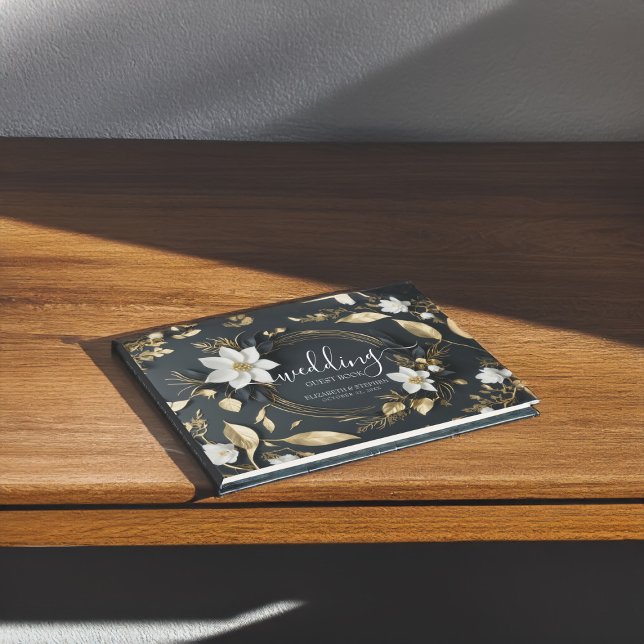 Libro de invitados de Black White Gold Floral Wrea (Subido por el creador)