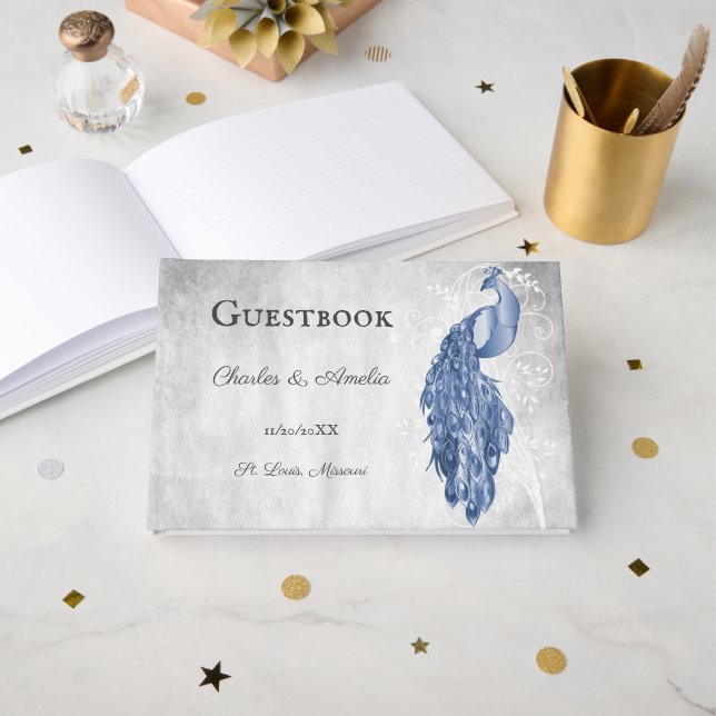 Libro de invitados de Blue Peacock Boda (Anverso Abierto)