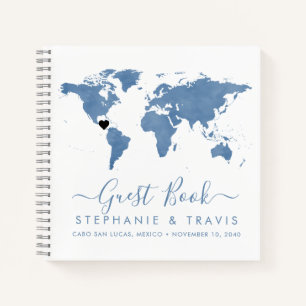 Libro de invitados de Blue World Map Heart Destina