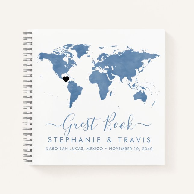 Libro de invitados de Blue World Map Heart Destina (Anverso)