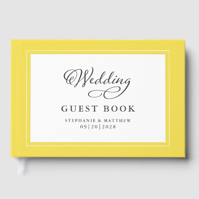 Libro de invitados de boda amarillo Elegant Script (Anverso)