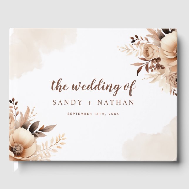 Libro de invitados de boda boho beige floral (Anverso)