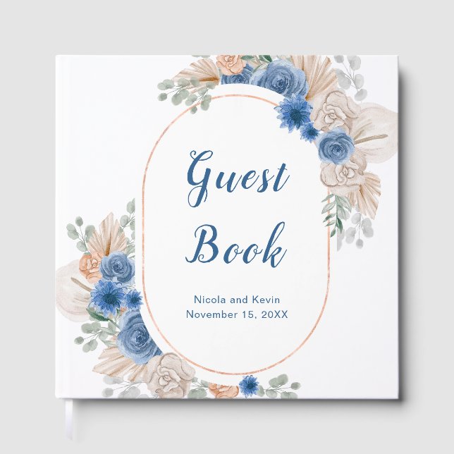 Libro de invitados de boda Boho Blue Pampas Grass (Anverso)