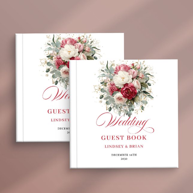 Libro de invitados de boda boho con rubor rojo flo (Floral Red Blush Boho Wedding Guest Book Custom)