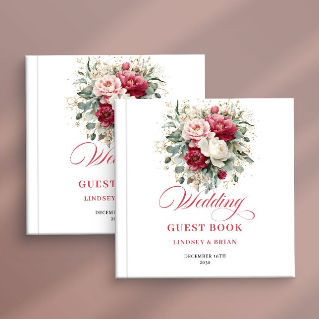Libro de invitados de boda boho floral rojo blanco (Floral Boho Red White Wedding Guest Book Personalized)