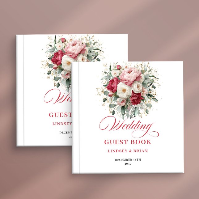 Libro de invitados de boda boho floral rojo rubor  (Romantic Boho Floral Red Blush Wedding Guest Book)