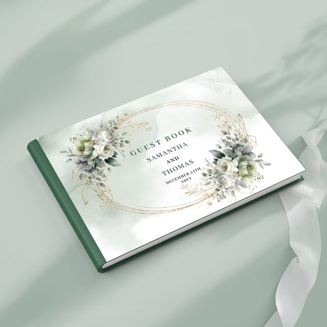 Libro de invitados de boda botánico elegante verde (Rustic Chic Botanical Green Gold Wedding Guest Book)