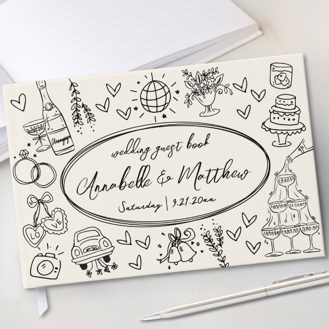 Libro de invitados de Boda caprichoso de mano (Hand Drawn Vintage Whimsical Wedding Guest Book )