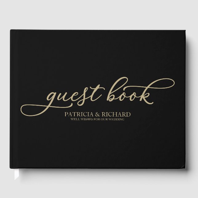 Libro de invitados de boda Chic guión dorado negro (Anverso)