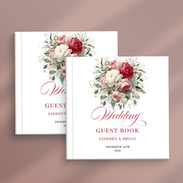Libro de invitados de boda con acento dorado elega (Elegant Gold Accent Wedding Guest Book Red Blush)