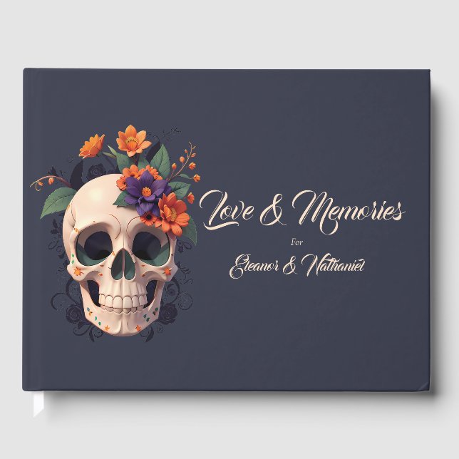 Libro de invitados de boda con calavera floral gót (Anverso)