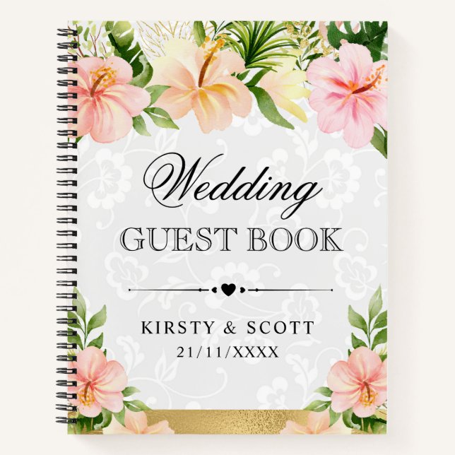 Libro de invitados de boda con flores rosadas trop (Anverso)