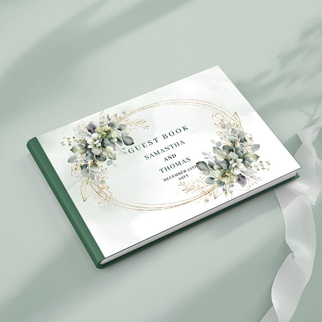 Libro de invitados de boda con follaje de acuarela (Green Gold Foliage Watercolor Wedding Guest Book)