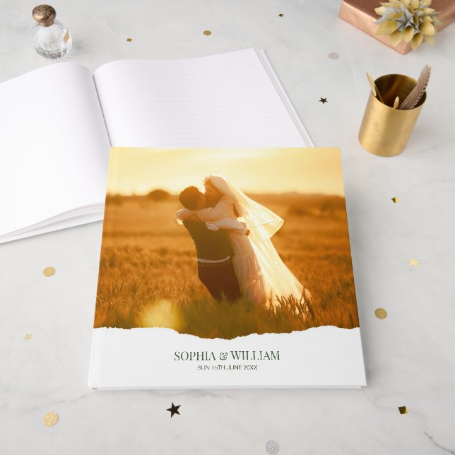 Libro de invitados de boda con foto de papel rasga (Anverso Abierto)