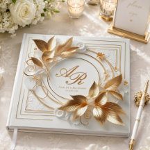 Libro de invitados de boda con monograma de oro el