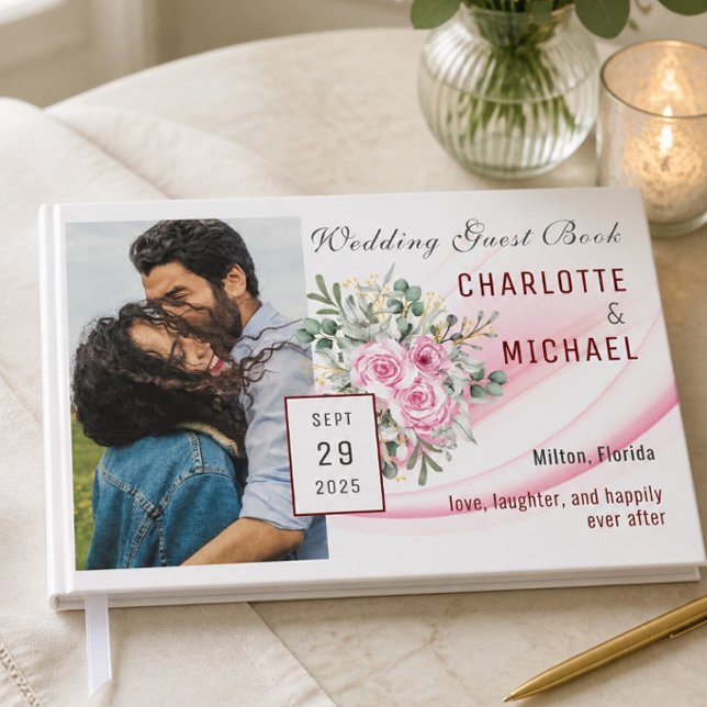 Libro de invitados de boda con ola rosa y floral (Subido por el creador)