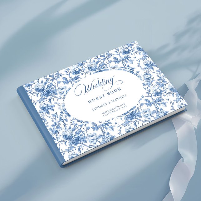 Libro de invitados de boda con toile de rosas azul (Classic French Blue Roses Toile Wedding Guest Book)