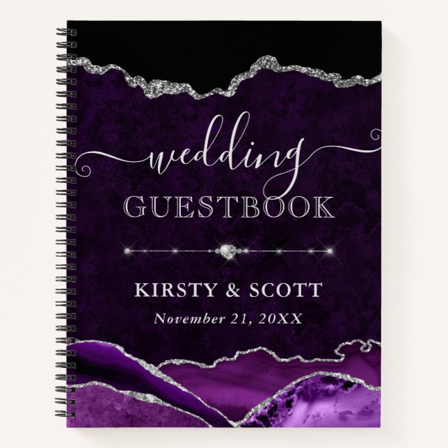 Libro de invitados de boda de ágata con brillo púr (Anverso)