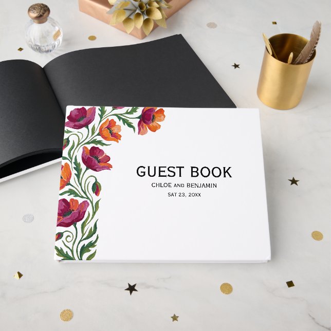 Libro de invitados de boda de amapola naranja roja (Anverso Abierto)